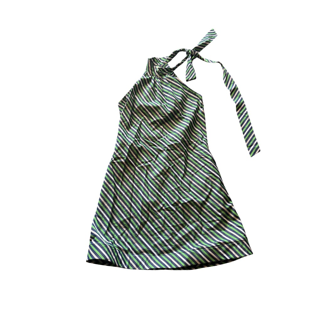 Tish Cox Green Navy Striped Halter Mini Dress XS Tie Neck Sleeveless Made in USA
